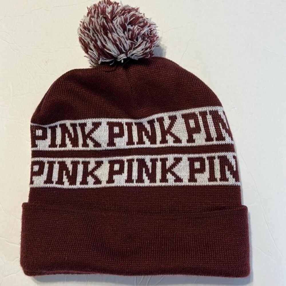 PINK Victoria's Secret Maroon White Beanie Hat Pom Pom OSFM Spell-Out One Size